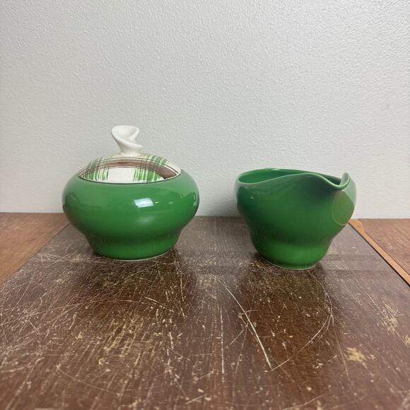 Vintage MCM retro green white brown ceramic cream &‎ sugar serving set - Picture 2 of 11